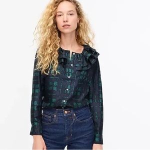 J. Crew Collection silk twill ruffle-collar blouse top in plaid Navy Green